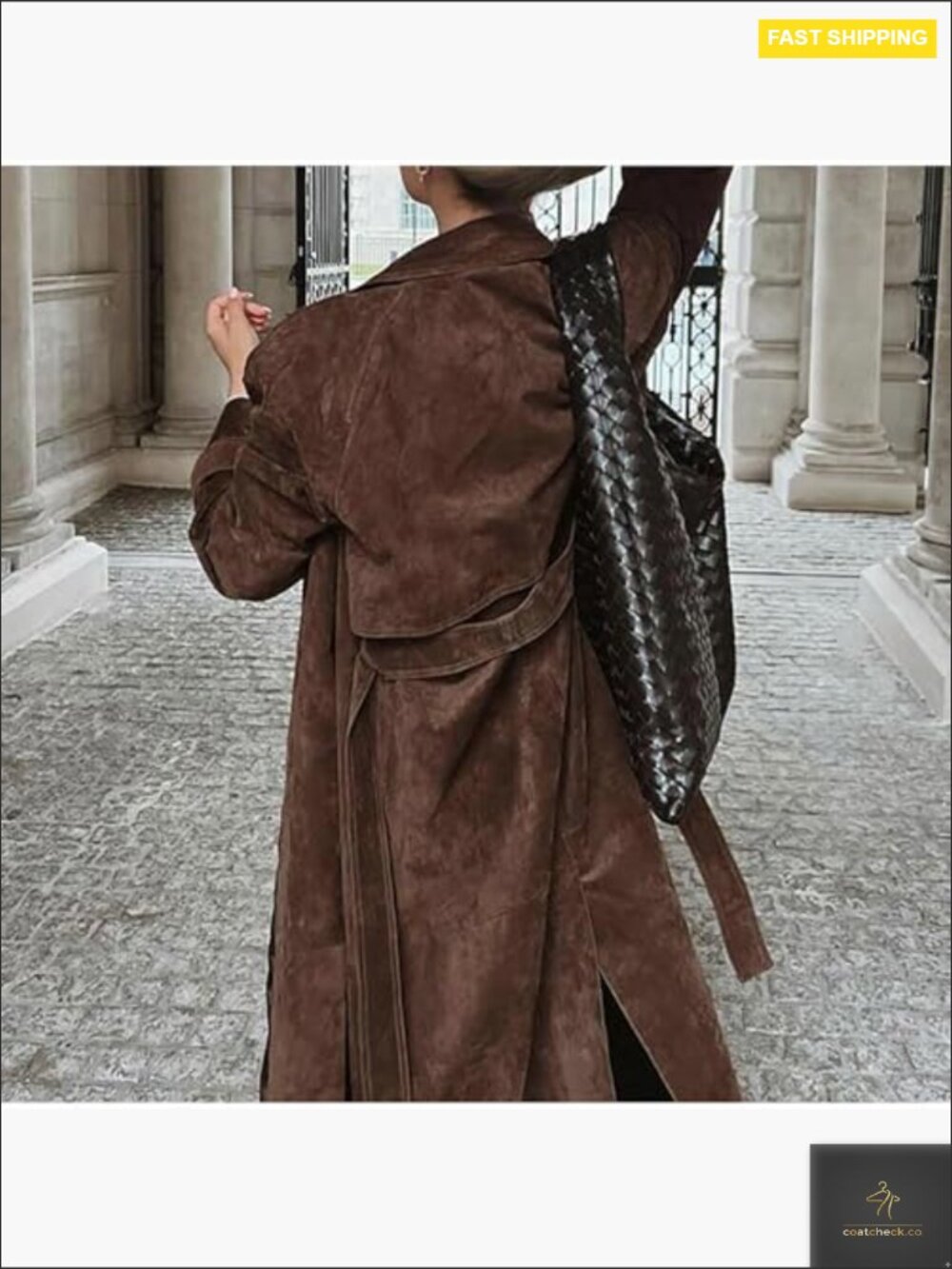 Faux Suede Double Breasted Long Trench Coat Notched Lapel Belted Overcoat - Picture 2 of 7